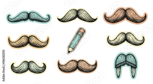 Collection of various mustache styles and a single pencil, all depicted in a quirky, hand-drawn, vintage illustration style with colorful sticker-like outlines.