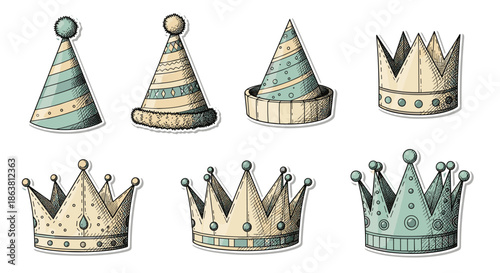 Festive assortment of party hats and crowns in various shapes and designs, including conical hats and royal crowns, illustrated in a vintage hand-drawn style.
