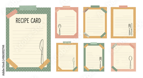 Collection of charming recipe card templates decorated with washi tape, torn paper effects, and simple illustrations of cutlery for a scrapbook or cookbook.
