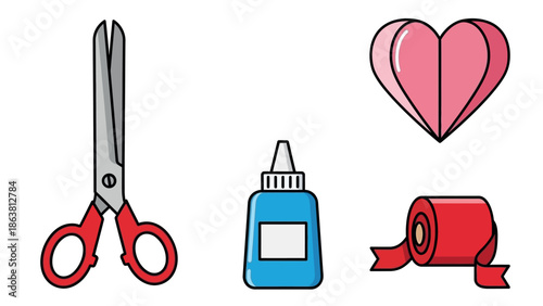 Set of Craft Tools and Materials Including Scissors, Glue, Ribbon, and Paper Heart for DIY Projects and Scrapbooking