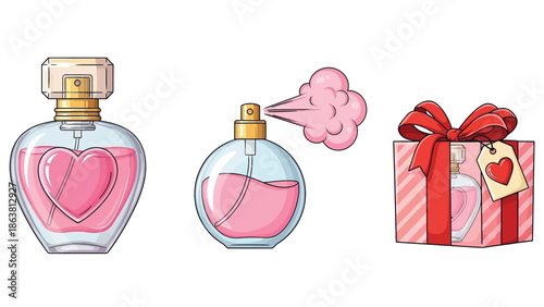 Set of Romantic Pink Perfume Bottles and Gift Box with Heart Details for Valentine's Day Illustration