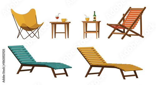 Collection of outdoor and patio relaxation furniture, including wooden deck chairs, a butterfly chair, and small side tables with drinks for a leisure setting.