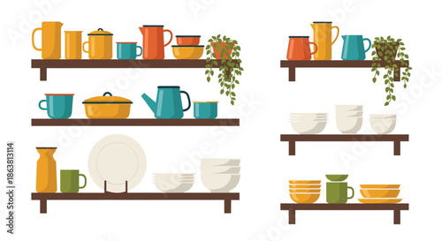 Collection of kitchen shelves displaying colorful retro-style dishware, including plates, bowls, mugs, pots, and decorative houseplants for a cozy home interior.