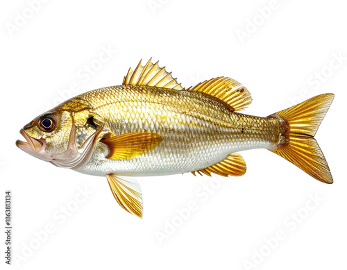 A golden, aquatic vertebrate against black background, scales shimmer