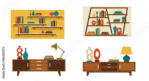 Four interior design compositions featuring mid-century modern furniture, including wooden sideboards and bookshelves decorated with books, vases, and stylish lamps.