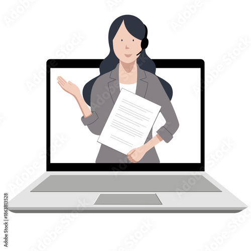 ノートパソコンの画面の中の女性がイヤホン付きマイクをして笑顔で説明をしている. Front view of a smiling customer service or online technical support woman explaining something from her laptop screen. Flat vector illustration.