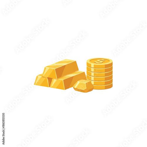Cartoon illustration of gold bars and coins on a white background with a cute and colorful design.
