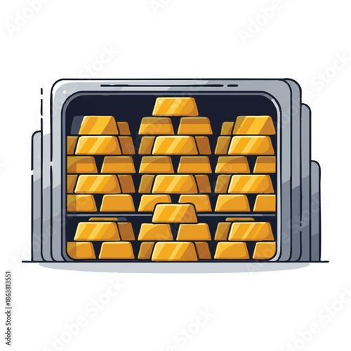 A cartoon-style illustration of a safe filled with gold bars on a white background, conveying a sense of wealth and security.