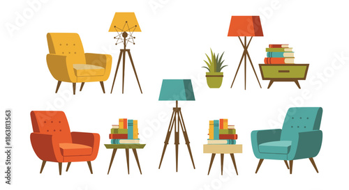 Collection of retro reading corners with mid-century modern armchairs, floor lamps, side tables, stacks of books, and decorative houseplants in pots.