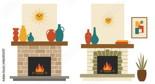 Two cozy living room scenes with brick fireplaces, mantels decorated with vases and a sunburst clock, and a framed abstract art piece.