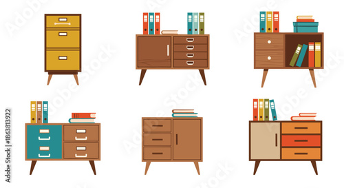 Collection of retro office storage furniture, including mid-century modern filing cabinets and sideboards with drawers, folders, and books on a white background.