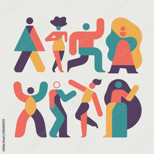 Diverse abstract people silhouettes in flat geometric style, community and inclusivity vector illustration