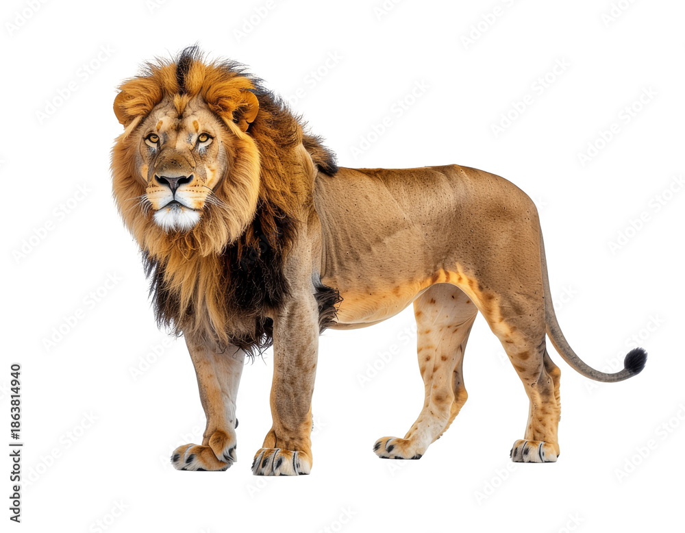 Obraz premium Majestic male african lion standing on white background with full mane and powerful stance