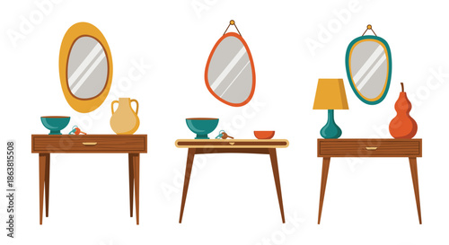 Three stylish mid-century modern console tables, each decorated with an abstract mirror, a lamp, and various ceramic pieces.