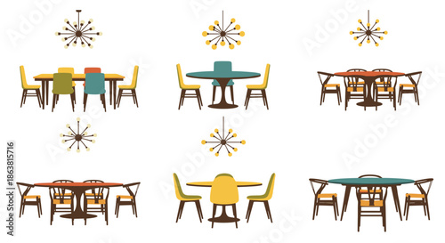 Six variations of mid-century modern dining room sets, each with a unique table, colorful chairs, and a sputnik chandelier.