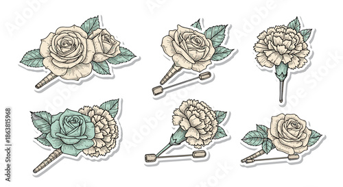 Elegant set of hand-drawn wedding boutonnieres featuring roses and carnations, illustrated in a classic vintage sketch style.