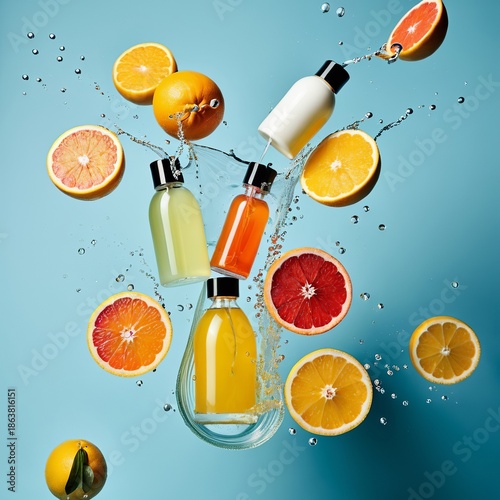 Vibrant bottles and citrus fruits splash into water against a blue background, showcasing freshness and energy.