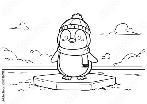 ISO A1 Horizontal Kids Coloring Page Featuring a Cute Penguin Waiting on a Single Ice Floe, Wearing a Beanie and Scarf in a Quiet Winter Scene, Clean Line EPS Vector Illustration