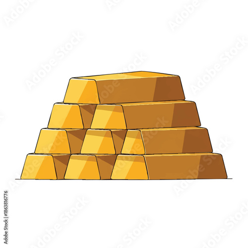 A cartoon-style illustration of a large pile of gold bars stacked in a pyramid shape against a clean white background with a warm, golden color palette.