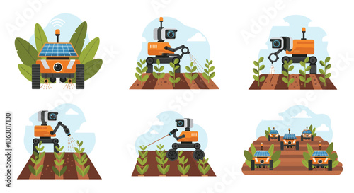 Collection of autonomous agricultural robots with solar panels and cameras, shown spraying, watering, and monitoring crops in a field.