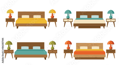 Four variations of mid-century modern bedroom sets, each featuring a stylish bed, a nightstand, and a retro table lamp.