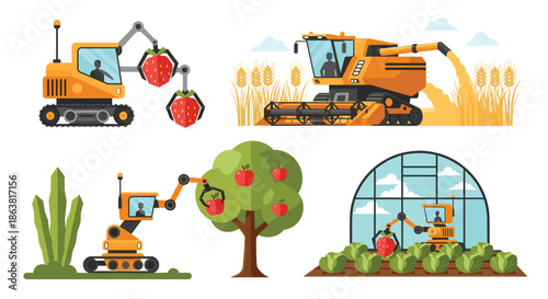 Set of agricultural robots and modern machinery, including a combine harvester and robotic arms picking strawberries and apples.