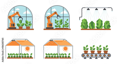 Collection of images showing a smart greenhouse with robotic arms, automated irrigation, and controlled lighting for modern agriculture.