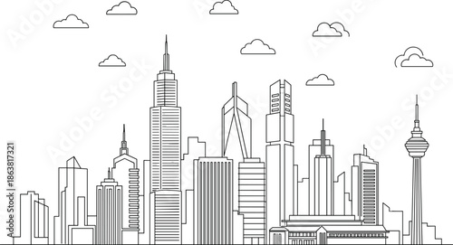 Modern City Skyline Line Drawing with Stylized Clouds and Architectural Structures for Urban Design and Background Illustration Use