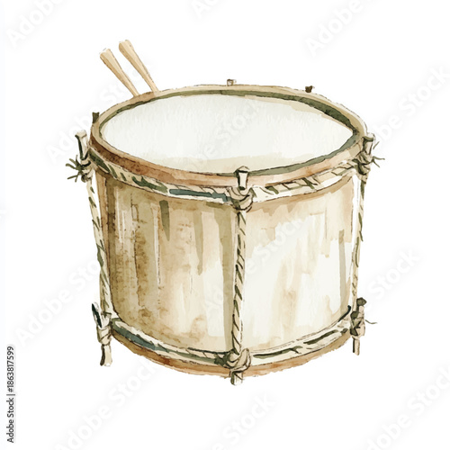 Watercolor Drum Illustration with Sticks Musical Instrument.