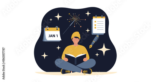 Person planning new year's resolutions by reading a book, with calendar, to-do list, and firework icons in the background.
