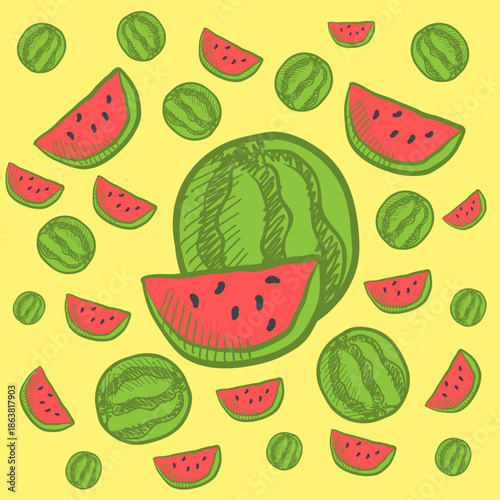 Hand drawn watermelon seamless pattern background. Suitable for food packaging, textile prints, and fruity themed designs