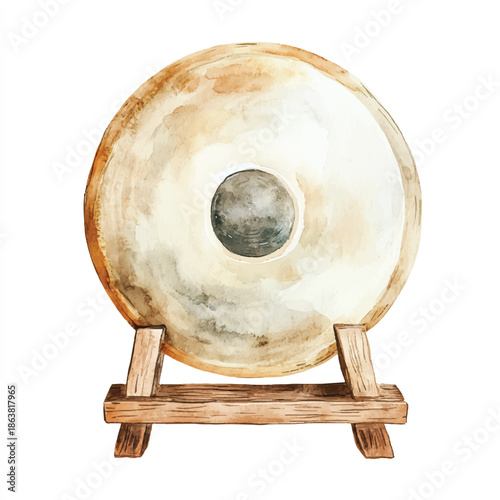 Watercolor Gong on Wooden Stand A Harmonious Musical Instrument.