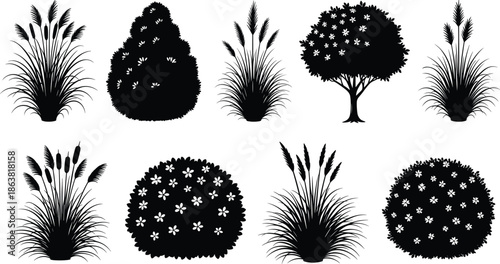 Black silhouette bush and grass vector set, decorative tree and plant collection, isolated nature elements, garden landscape design bundle illustration.