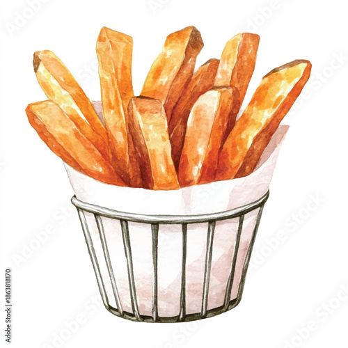 Watercolor illustration of a basket of golden french fries.