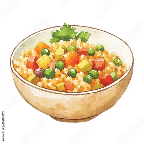 Watercolor illustration of a bowl of mixed vegetable rice pilaf.