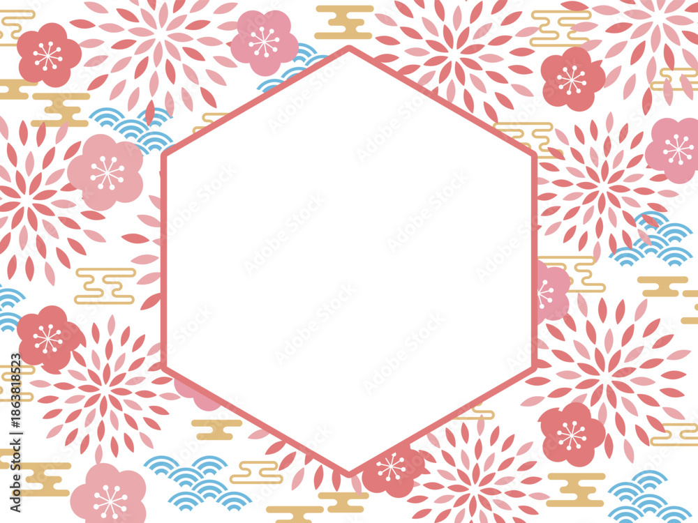 Obraz premium レトロポップな和柄と六角形フレームの背景 ホワイト