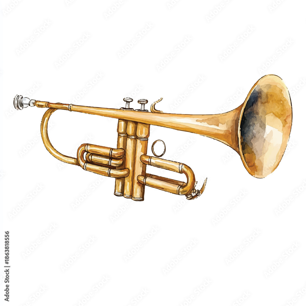 Fototapeta premium Watercolor illustration of a brass trumpet musical instrument.