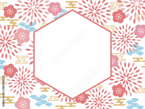 レトロポップな和柄と六角形フレームの背景　ホワイト