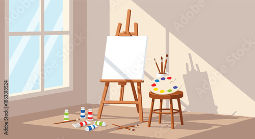 Peaceful artist's studio interior with a blank canvas on an easel, illuminated by natural light from a window, with paints and brushes nearby.