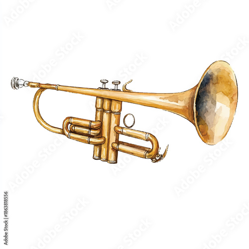 Watercolor illustration of a brass trumpet musical instrument.