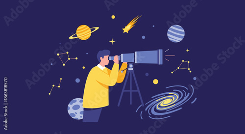 Young astronomer looking through a telescope at the night sky, surrounded by planets, constellations, and a galaxy in a flat illustration.
