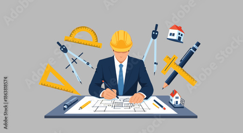 Architect or engineer at a desk drawing blueprints, surrounded by drafting tools like compasses, rulers, and protractors in an illustration.