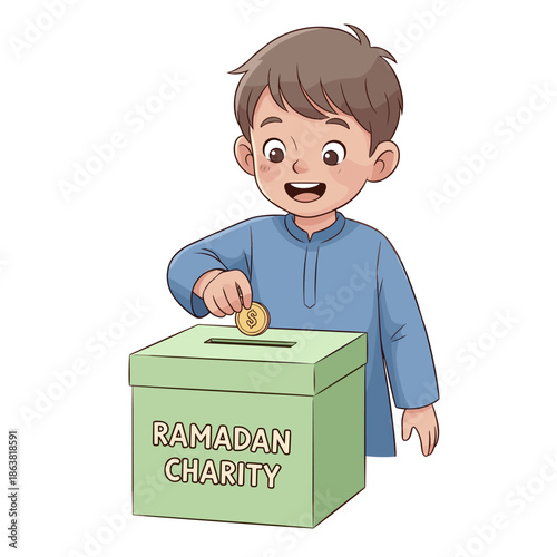 Young Boy Participating in Children Activities During Ramadan by Donating to Charity Box