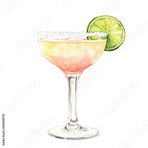 Watercolor illustration of a classic margarita cocktail with a salted rim and a fresh lime garnish.