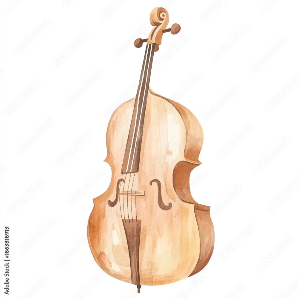 Fototapeta premium Watercolor Illustration of a Classical Double Bass Musical Instrument.