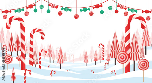 Whimsical Christmas winter wonderland scene with a forest of candy cane trees, lollipops, and snowy hills under a candy garland.