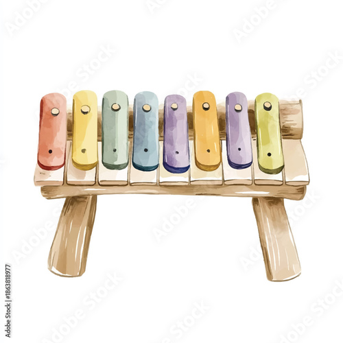 Watercolor illustration of a colorful wooden toy xylophone.