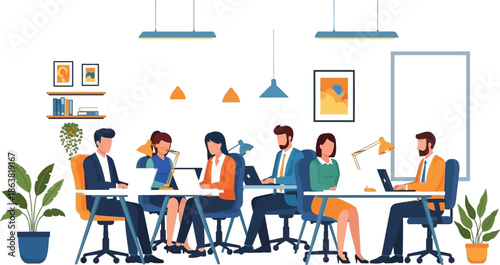 Business professionals collaborate intensely on important projects while utilizing modern laptops in a brightly lit contemporary office environment setting.