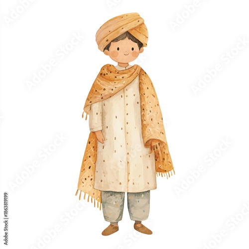Watercolor illustration of a cute Indian boy in traditional attire.