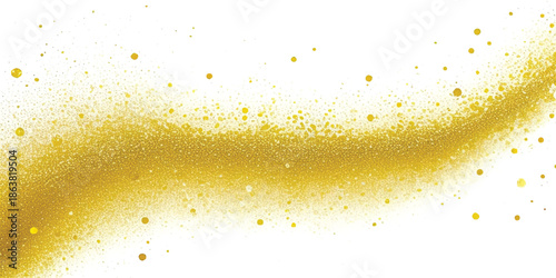 Abstract Luminous Gold Dust Curve & Shimmering Particle Arc with Elegant Swathe of Sparkling Golden Glitter on White. Ideal for Luxury Branding, Festive Events & High-End Digital Art.